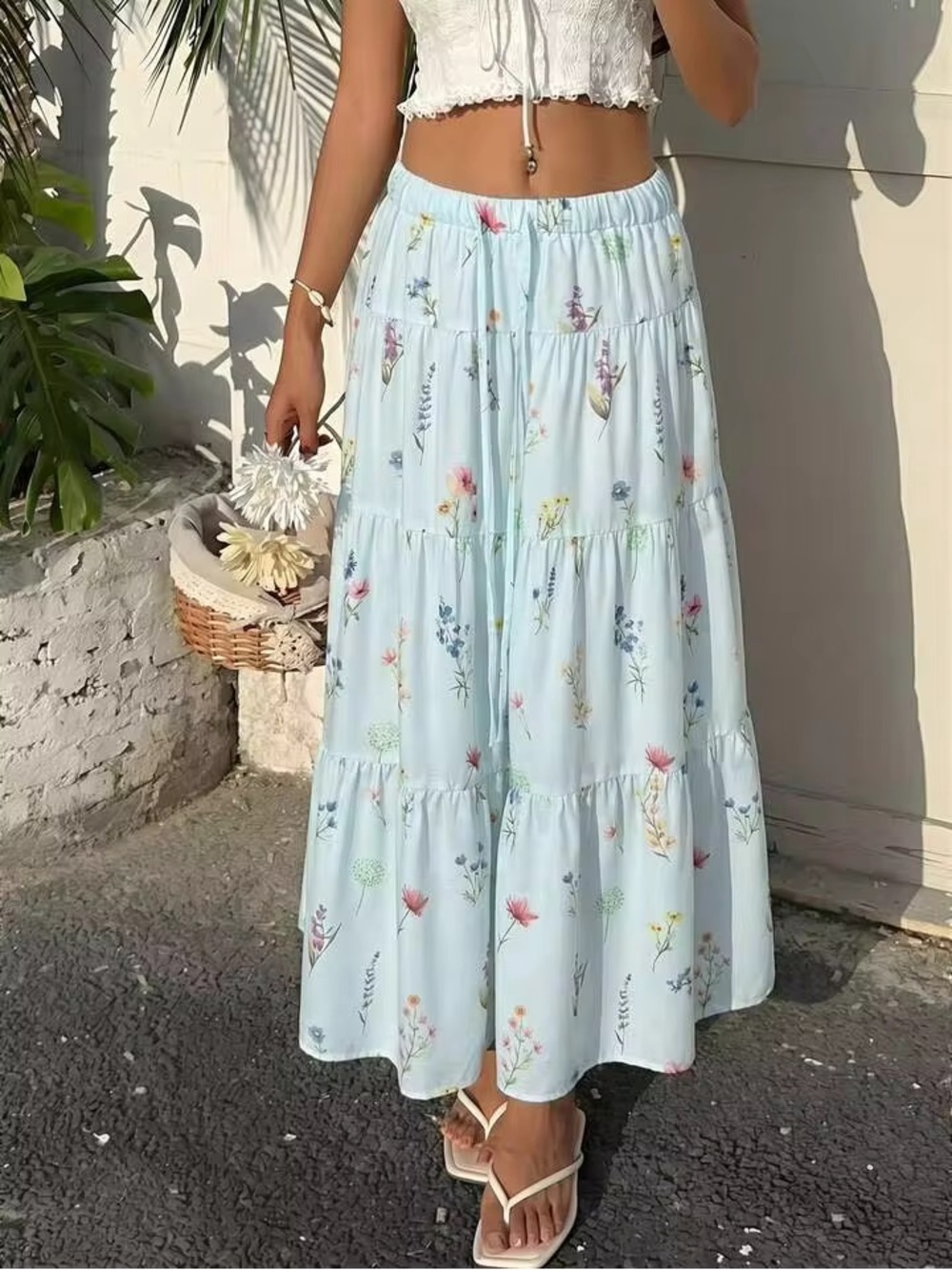 Light Blue Floral Tiered Maxi Skirt